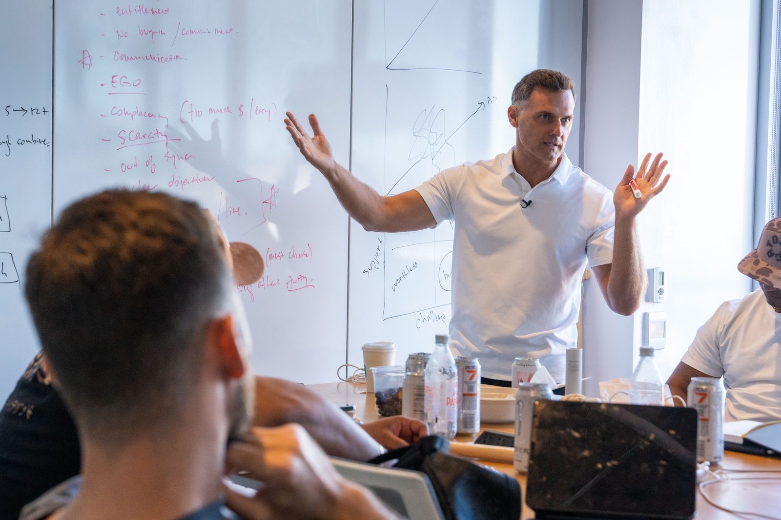 Phil Wood coaching a leadership team at a whiteboard